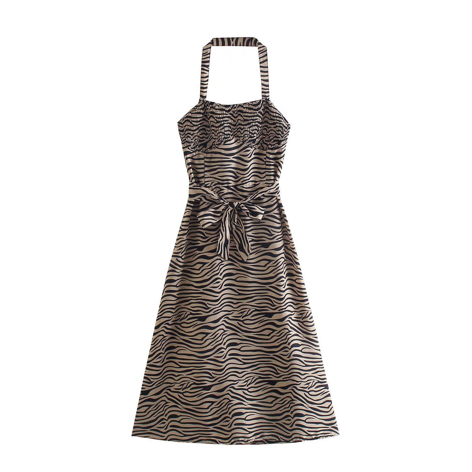 Halter-Neck Zebra Print Waist Dress NSAM109995