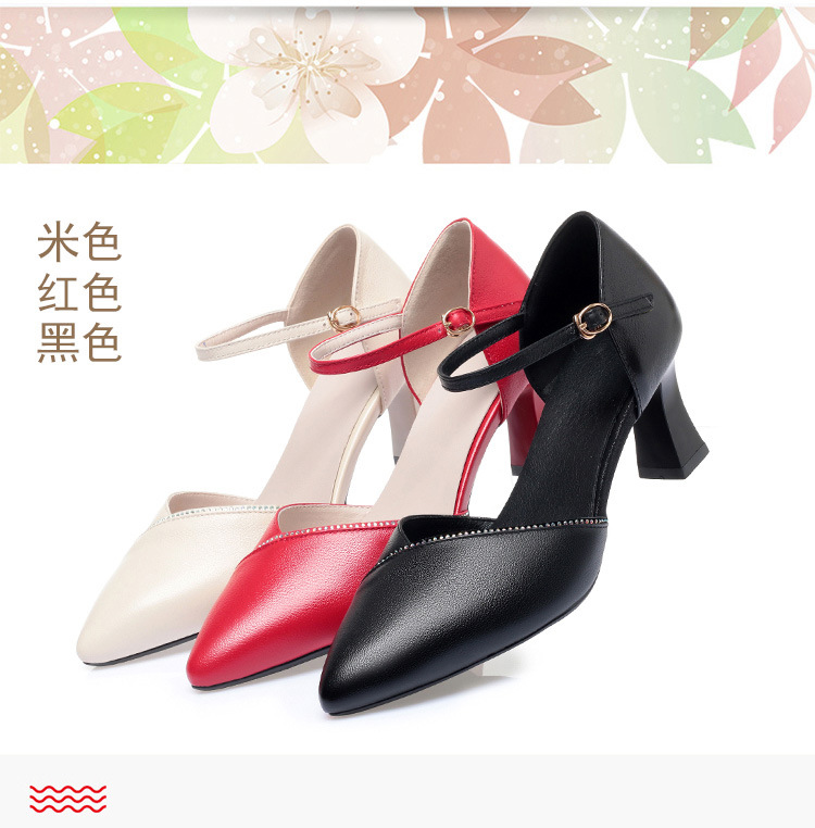 Sandal quai ngang da thật gót vuông mũi nhọn cho nữ, giày cao gót hở mũi kiểu dáng sang trọng — Màu be chi tiết 6