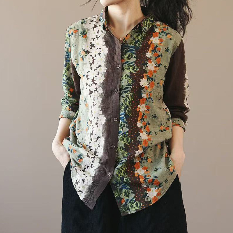 European-Style Cross-Border Cotton and Linen Printed Shirt for Women, Loose Fit, Slimming, Fashionable, Stylish Long-Sleeve Shirt, Base Layer Top for Women