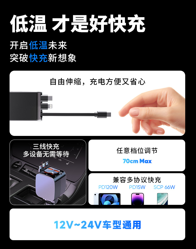 Cross-Border Super Fast Charging Starry Sky Ceiling Atmosphere Car Charger with Retractable Cable, Cigarette Lighter, Compatible with Huawei, Android, and Apple