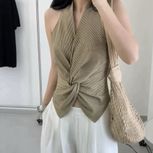 清仓不退换气质设计小众条纹V领挂脖收腰无袖扭结设计感背心女夏W