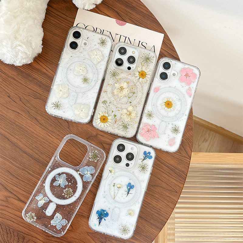 Magnetic Magsafe Phone Case Suitable for iPhone 17 Pro Max with Floral Glitter for Apple 16 Wireless Charging 14