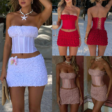 亚马逊跨境欧美风夏季新款抹胸收皱短款上衣迷你半身裙套装SU4062