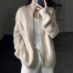 メーカークロスボーダー卸売 100% ウールセーター 7 針厚みのあるツイストタートルネックジッパーカシミヤカーディガン女性用既製カスタマイズ