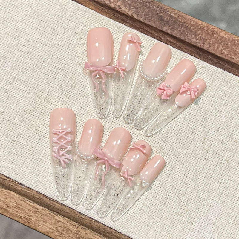 [Sweetheart Bow] Romantic French Blush Whitening High-End Nail Patch Wearable Removable Manicure