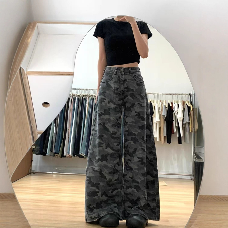 American Retro Loose Straight Multi-Pocket Cargo Jeans for Women, Autumn High-Waisted Slimming Camouflage Gray Wide-Leg Pants American Retro Loose Straight Multi-Pocket Cargo Jeans for Women, Autumn High-Waisted Slimming Camouflage Gray Wide-Leg Pants