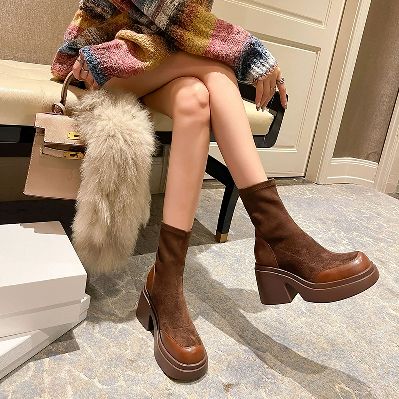 Jiang Xiaoai 2023 Новые короткие сапоги женские весенне-осенние одиночные сапоги на толстом каблуке на высоком каблуке эластичные сапоги толстые узкие сапоги для осени и зимы