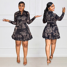 10241 跨境欧美亚马逊开衫印花修身淑女荷叶边A字女装连衣裙