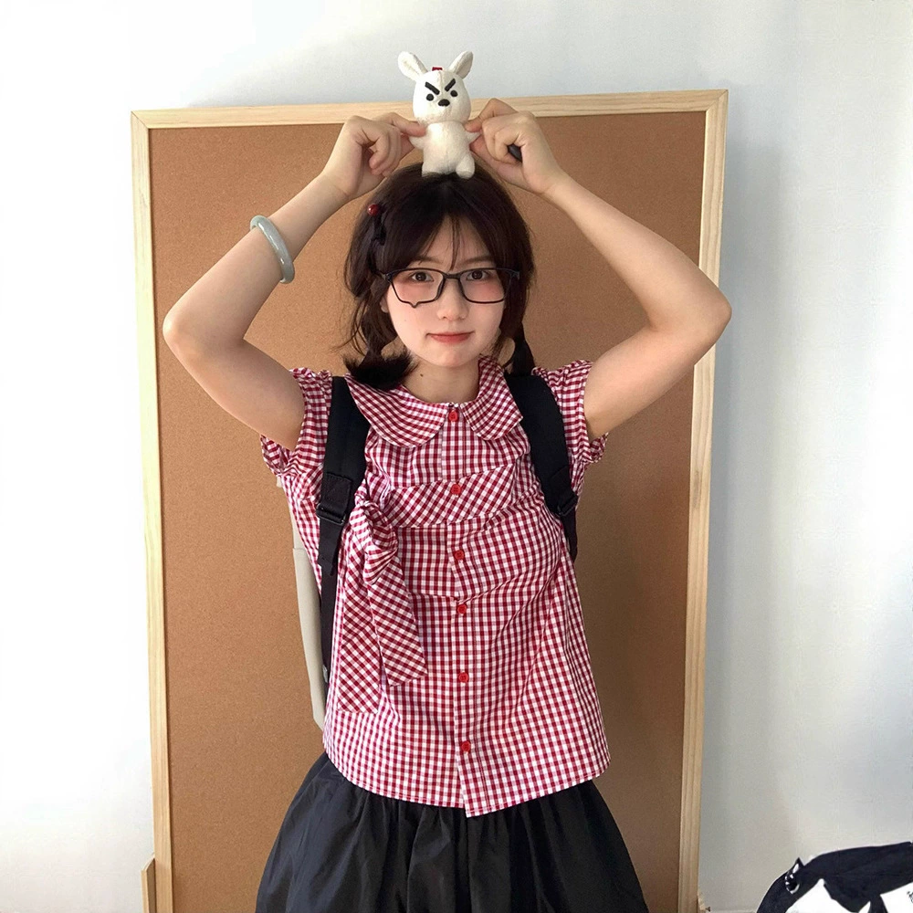 Летняя ретро нишевая клетчатая рубашка с короткими рукавами и кукольным воротником, женская рубашка с галстуком-бабочкой на талии, короткий модный топ