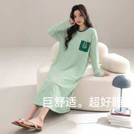 【带胸垫】春秋新款纯棉女长袖睡裙时尚休闲女长裙家居服图片色
