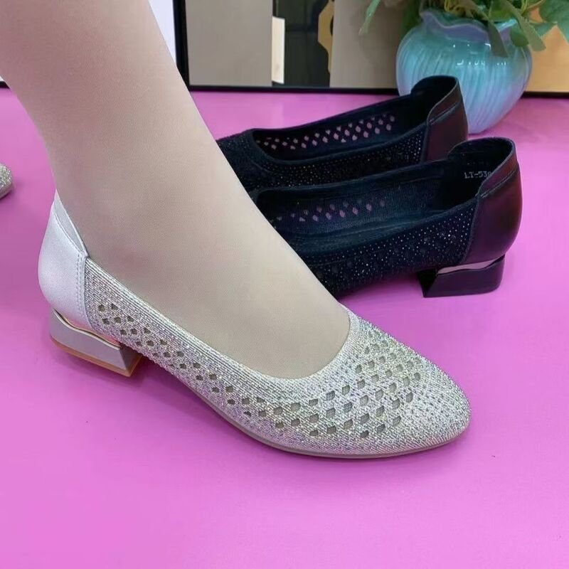 Real Soft Leather Hollow Mesh Rhinestone Women's Sandals 2024 Summer New Style Baotou Soft Sole Low Heel Middle-aged Mesh Shoes Work Shoes