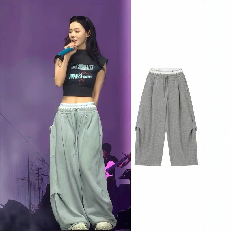 aespa-style American retro gray loose wide-leg casual pants for women, new spring design sports trousers aespa-style American retro gray loose wide-leg casual pants for women, new spring design sports trousers