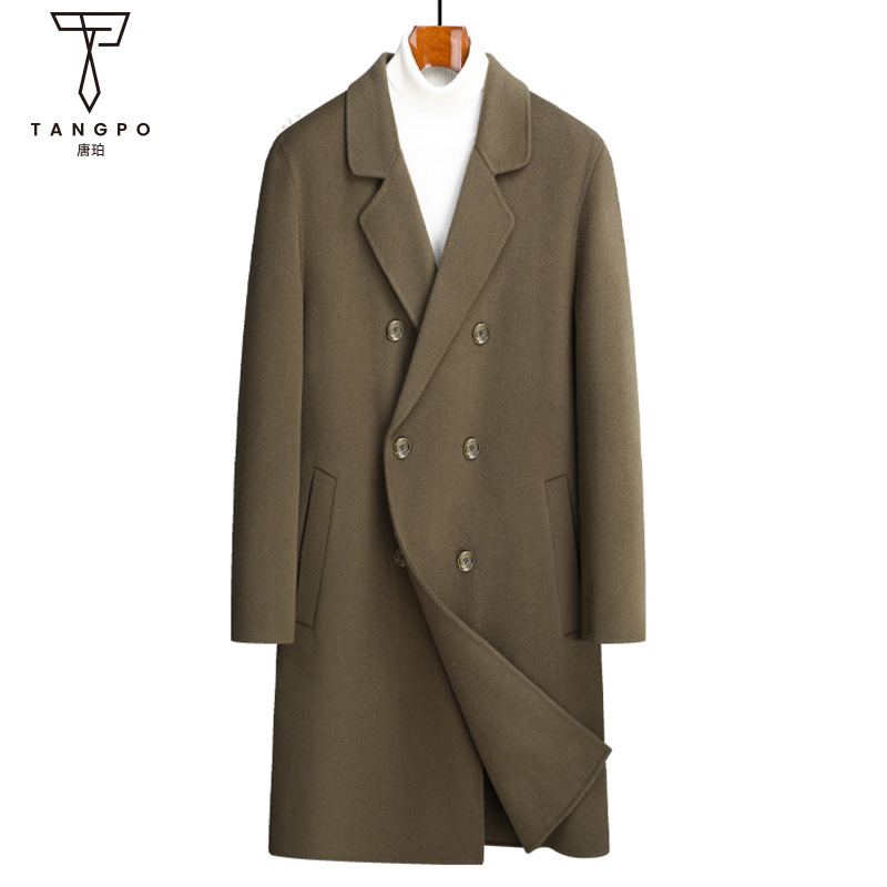 100% abrigo de lana de los hombres de lana larga de doble cara de doble botonadura de color sólido abrigo de lana completo