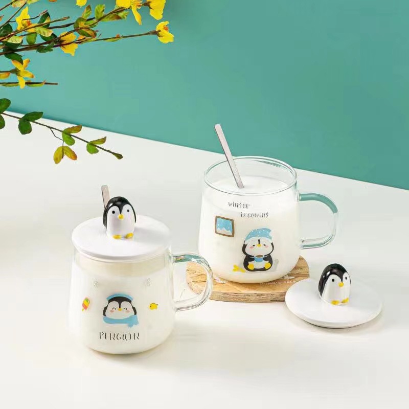 Dibujos Animados lindo 3D pingüino taza de cristal con tapa cuchara limón Corea Oficina beber