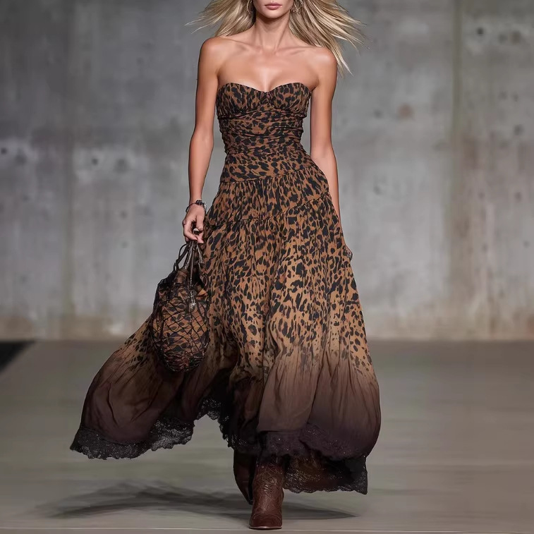 European and American Cross-Border Independent Website Vintage Western Vacation Strapless Leopard Print Chiffon Long Dress European and American Cross-Border Independent Website Vintage Western Vacation Strapless Leopard Print Chiffon Long Dress