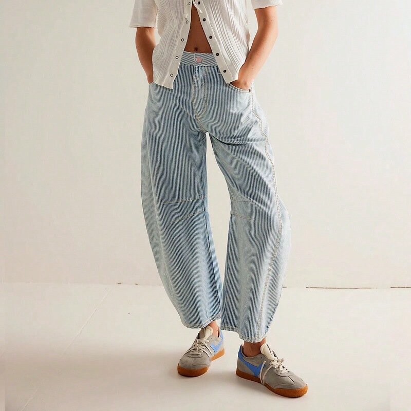 Cross-Border Foreign Trade Amazon European and American Casual Tapered Carrot Loose Design Blue Striped Denim Cropped Pants