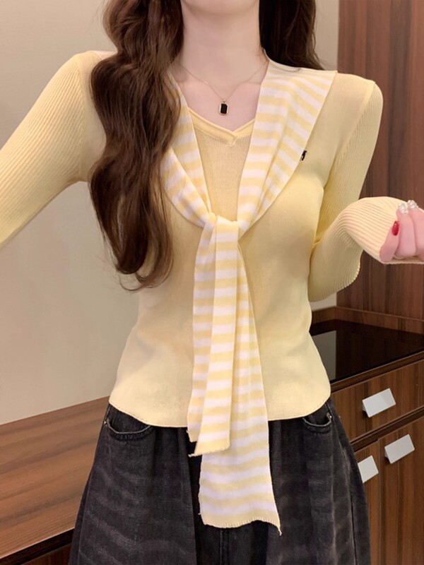 韩系海军领披肩针织打底衫女秋季设计感小众chic别致内搭短款上衣|undefined