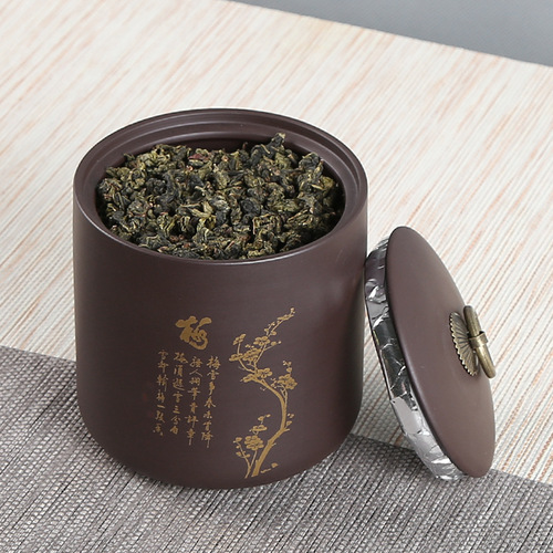 Large purple clay tea jar gilt Pu'er loose tea sealed jar Yixing purple clay tea set boutique tea jar wholesale logo