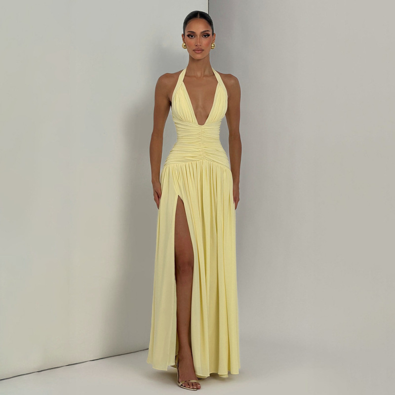 Cross-Border Summer New Women's Fashion Party Style Solid Color Sexy Deep V Halter Backless Pleated Waist-Cinching Dress