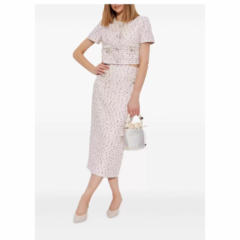 Designer Socialite Elegant Temperament Professional Short-Sleeve Cardigan Jacket + Slim-Fit Midi Skirt Suit Summer