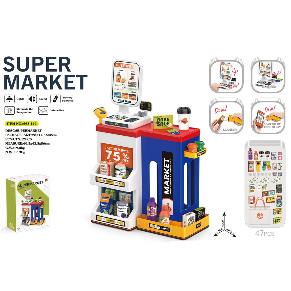 Simulación transfronteriza de juegos de compras de supermercado de niños caja registradora deslizante de tarjetas de escaneo de mesa de compras de supermercado juguetes caseros