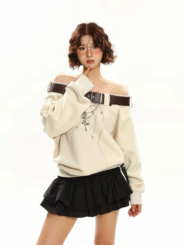 甜酷辣妹设计感皮带装饰斜肩长袖卫衣女气质显瘦百搭慵懒风上衣潮|undefined
