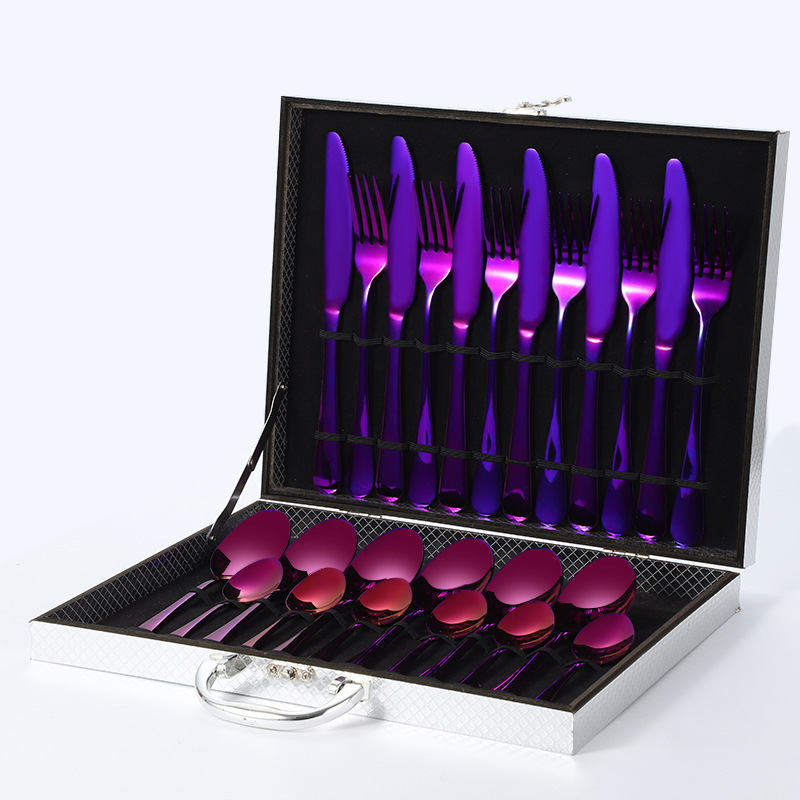 1010 보라색 수저, 포크, 스푼 24개(은색 상자)