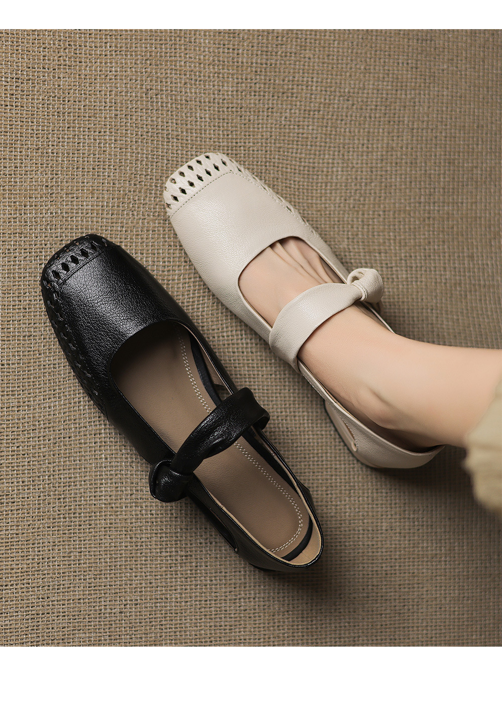Sandal nữ mũi nhọn da dê đục lỗ gót thấp 2 cm, miệng nông hở mũi — đen chi tiết 1