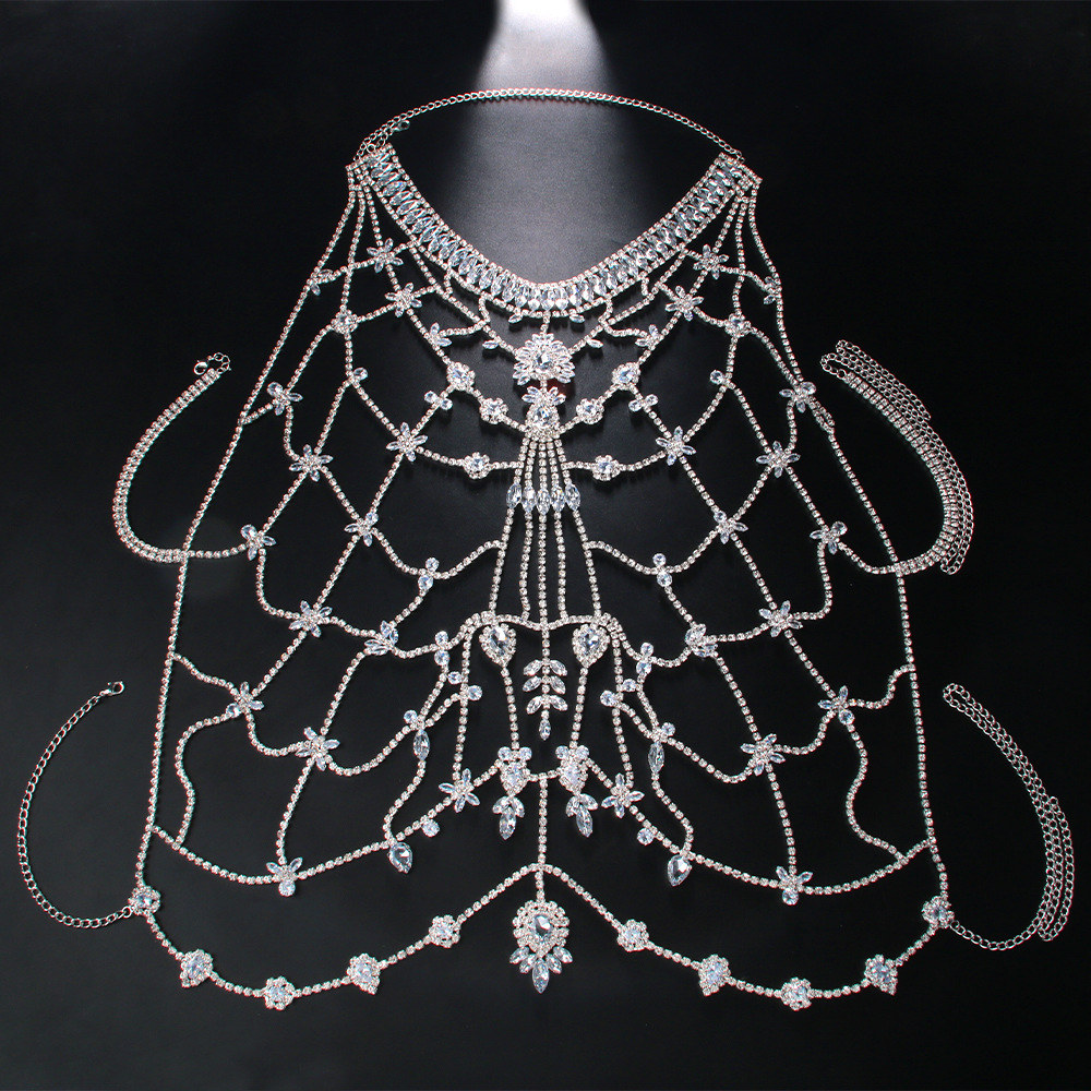 AliExpress Venta caliente rhinestone Cadena de pecho europeo y americano sexy exagerada malla bikini cuerpo cadena accesorios cadena