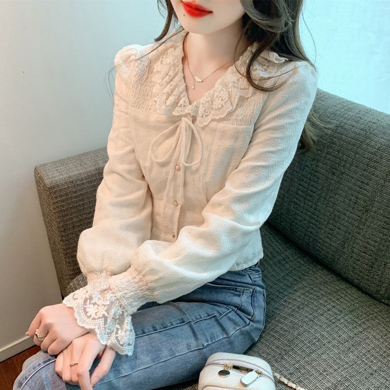 Doll Collar Lace-Up Lace Shirt for Women 2026 Spring New Chic Blouse with Waist-Cinching Elegant French-Style Short Top