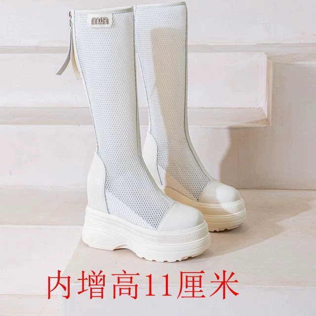 Тонкие длинные сетчатые сапоги на толстой подошве, скрытая высота 11 см, женские длинные сетчатые сапоги, подходящие ко всему лакированные сапоги Little Princess