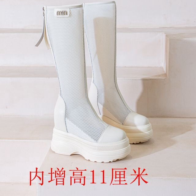 Slim Long Mesh Boots with Thick Soles and Hidden Height Increase 11cm Over-The-Knee Women's Long Mesh Boots Versatile for Petite Princesses Patent