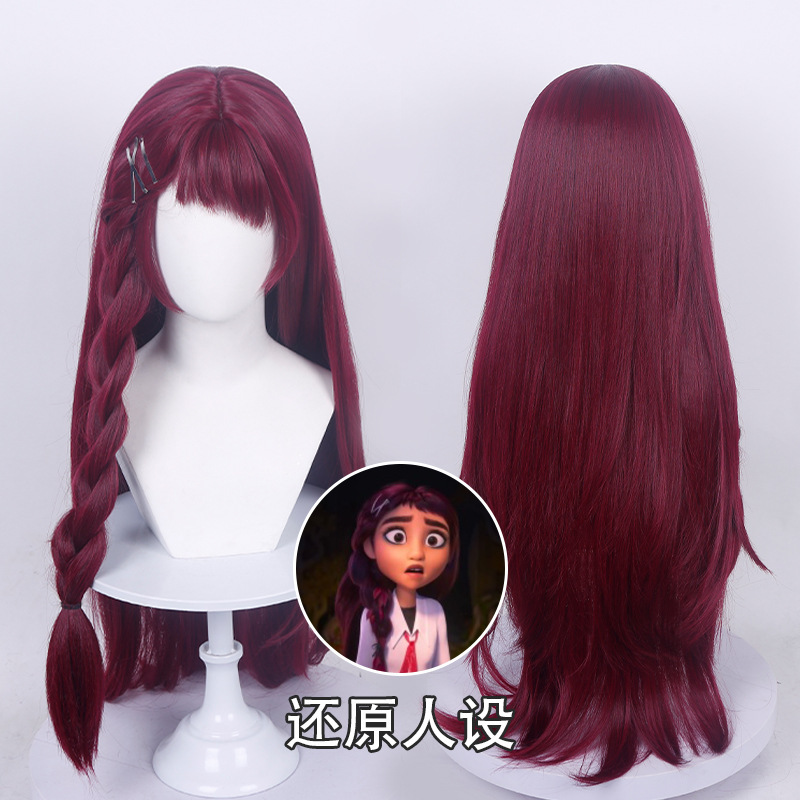 Doudou Bili Cosplay Wig with Realistic Scalp Top, Includes Braids, Wine Red Straight Long Hair, Anime Style Doudou Bili Cosplay Wig with Realistic Scalp Top, Includes Braids, Wine Red Straight Long Hair, Anime Style