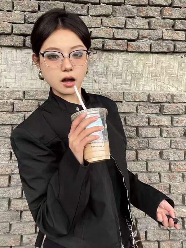 美式复古黑色立领外套女秋季Cleanfit短款拉链气质高级感机车夹克|undefined