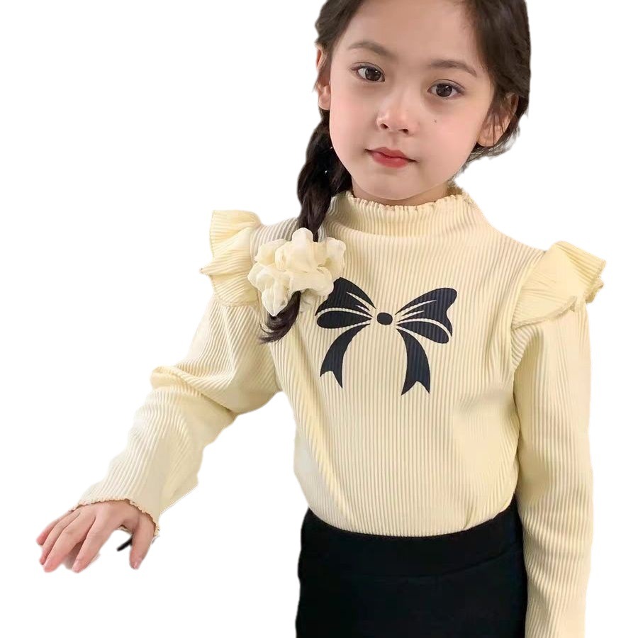 Primavera y otoño nueva camisa de manga larga para niñas de terciopelo Estilo occidental con volantes manga arco impreso bebé niñas SLIM-Fit ropa de otoño