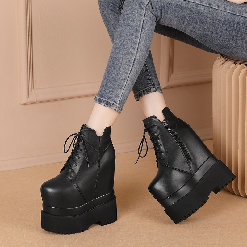 Boot nữ dây buộc đế dày chống thấm, gót trong 18 cm tăng chiều cao — Màu đen lót nhung