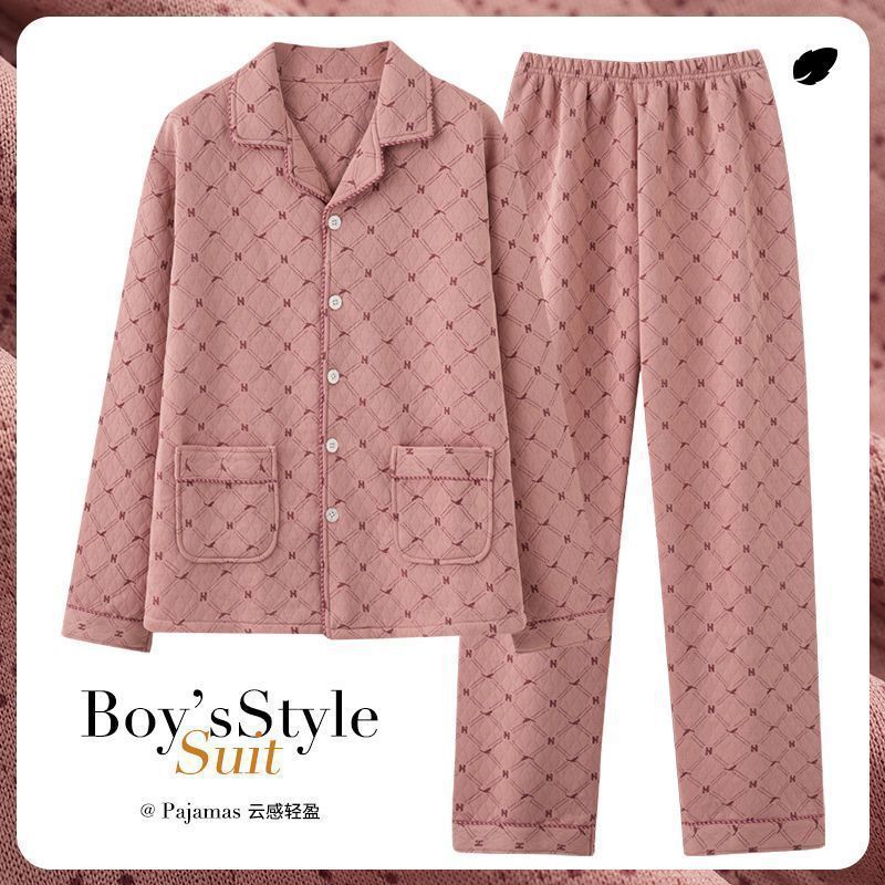 Pijamas para hombre otoño e invierno engrosamiento papá de mediana edad primavera y otoño traje de servicio a domicilio sándwich de algodón de aire de manga larga
