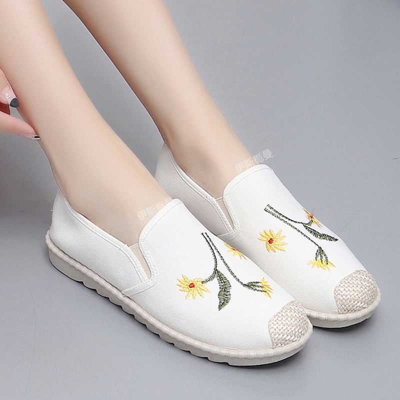 夏季透气帆布鞋老北京布鞋女鞋平底百搭休闲鞋一脚蹬渔夫低帮单鞋|ru