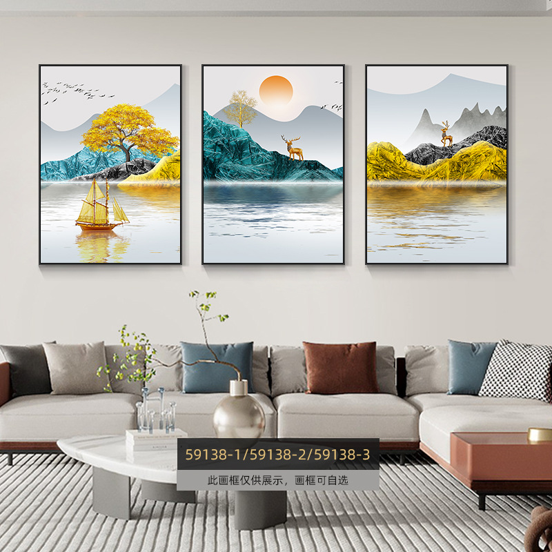 Pintura de decoración de la sala de estar moderna de lujo ligera Fukuyan atmósfera tripartita mural significa un buen fondo de sofá pintura colgante de pared