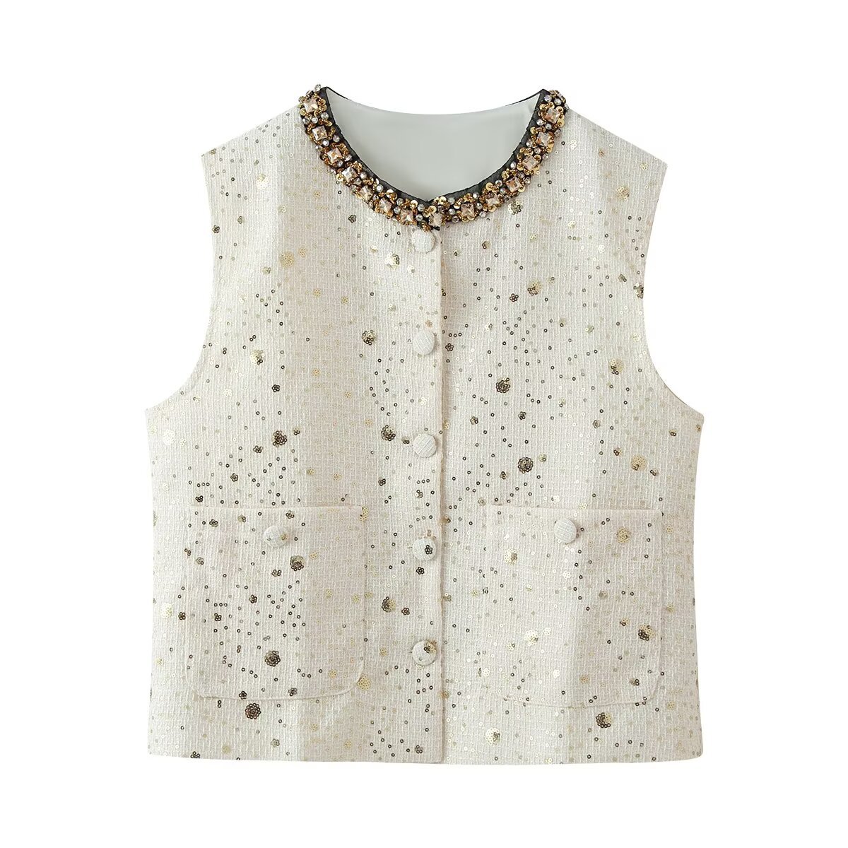 Myst & Za ropa de mujer verano 2026 nuevo estilo de moda temperamento elegante con diamantes de cuello redondo chaqueta de chaleco de fragancia image 6