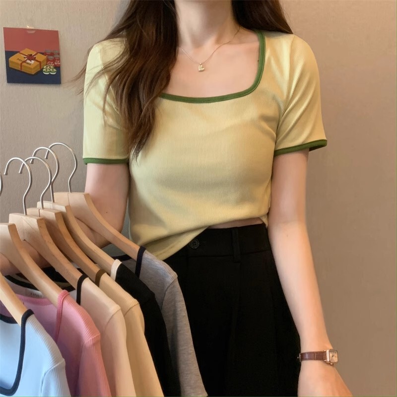 Pure Cotton scheming online celebrity short-sleeved T-shirt women's 2024 new summer French square collar top clothes short high waist T-shirt