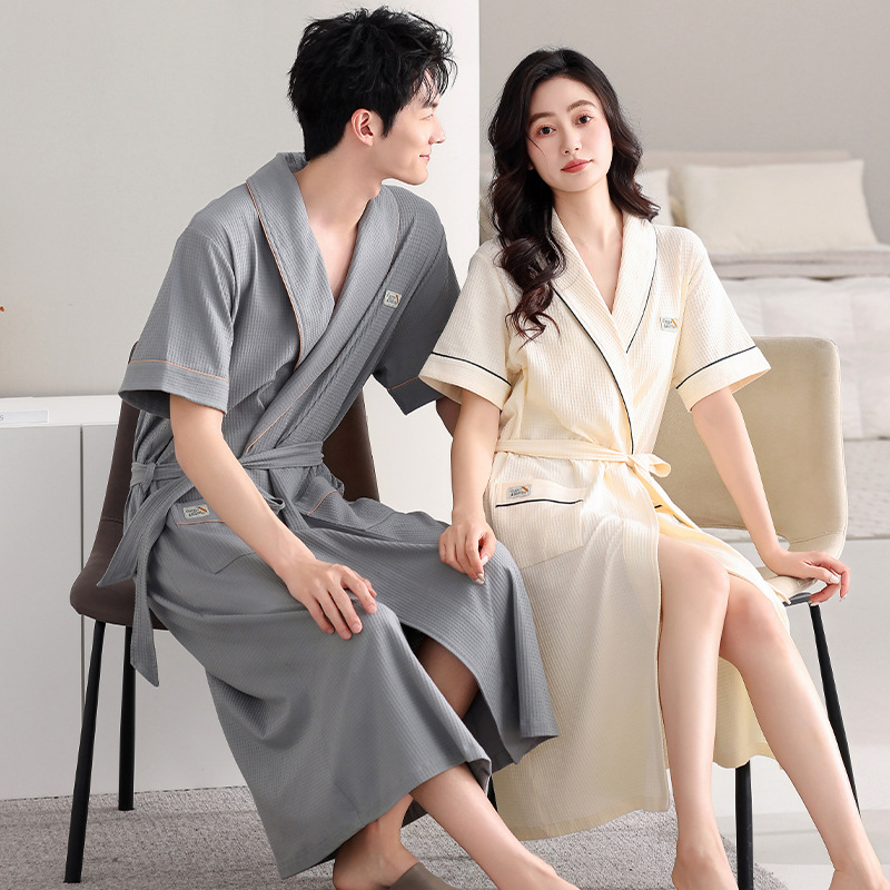 여성용 잠옷 여름 통기성 순면 반팔 중간 길이 커플 목욕 가운 여름 얇은 목욕 가운 드레싱 가운 홈웨어