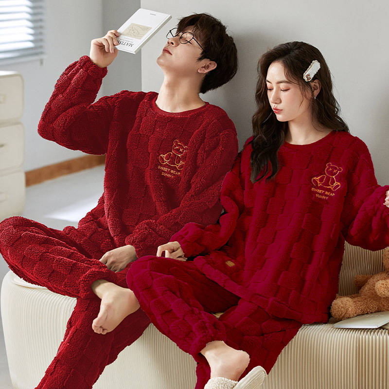 Pijamas de pareja roja engrosada coral polar Otoño e Invierno de las mujeres año de nacimiento boda festivo hombres de franela homewear