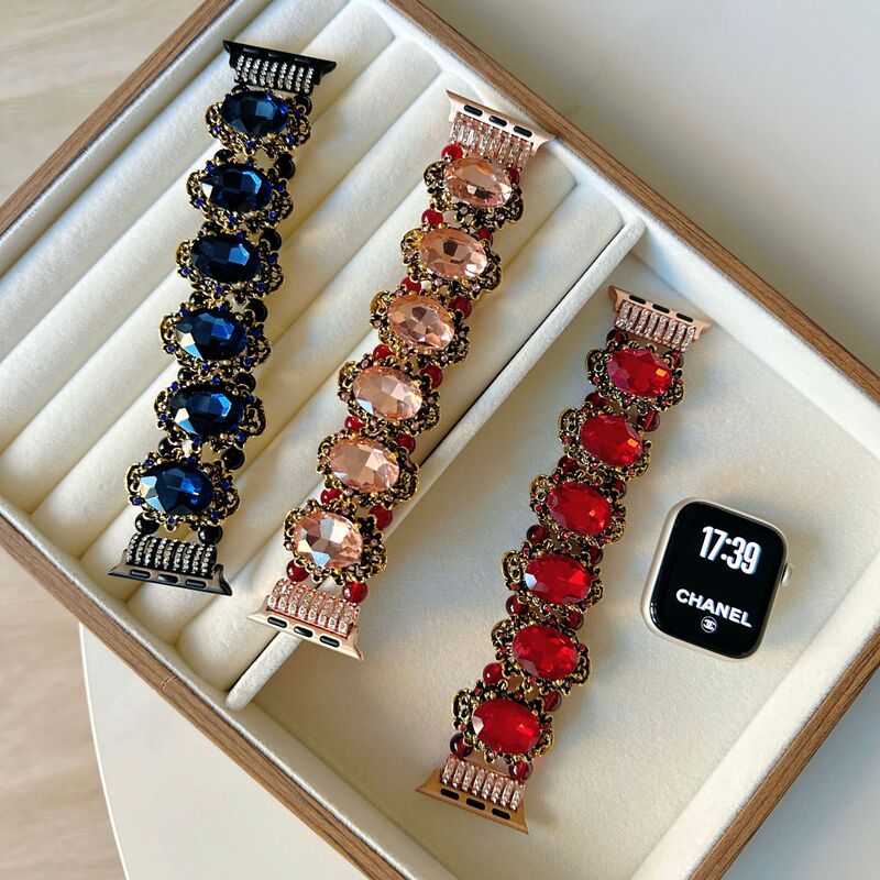 Suitable for Apple S12 Watch Large Gemstone Strap Iwatchs11 Elastic Beaded Light Luxury Bracelet with Colored Diamonds