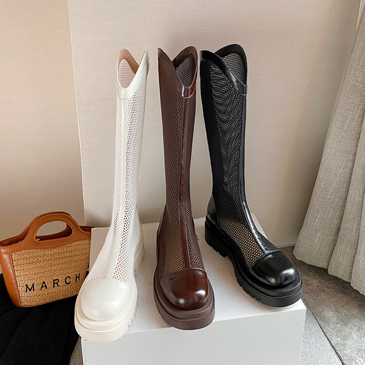 Boot nữ da lưới thoáng khí mùa hè, đế dày rỗng, ống rộng cho chân to — Màu nâu ống lớn, Màu đen cổ ống lớn, Ống nhỏ màu đen, Ống nhỏ màu be chi tiết 102