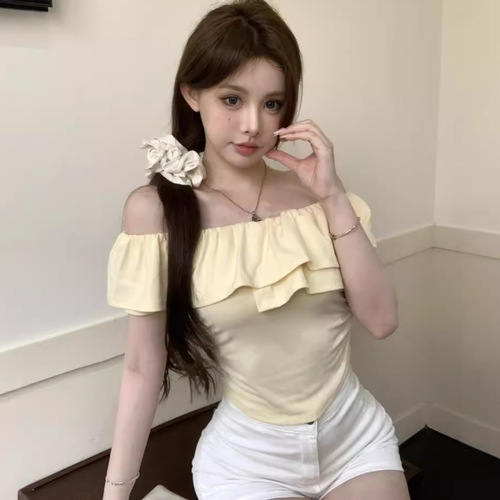 Pure Desire Ins Off-the-Shoulder Sexy Girl Revealing Shoulder Short Sleeve T-Shirt Women's New Summer Korean Version Slimming Top Women's Trendy