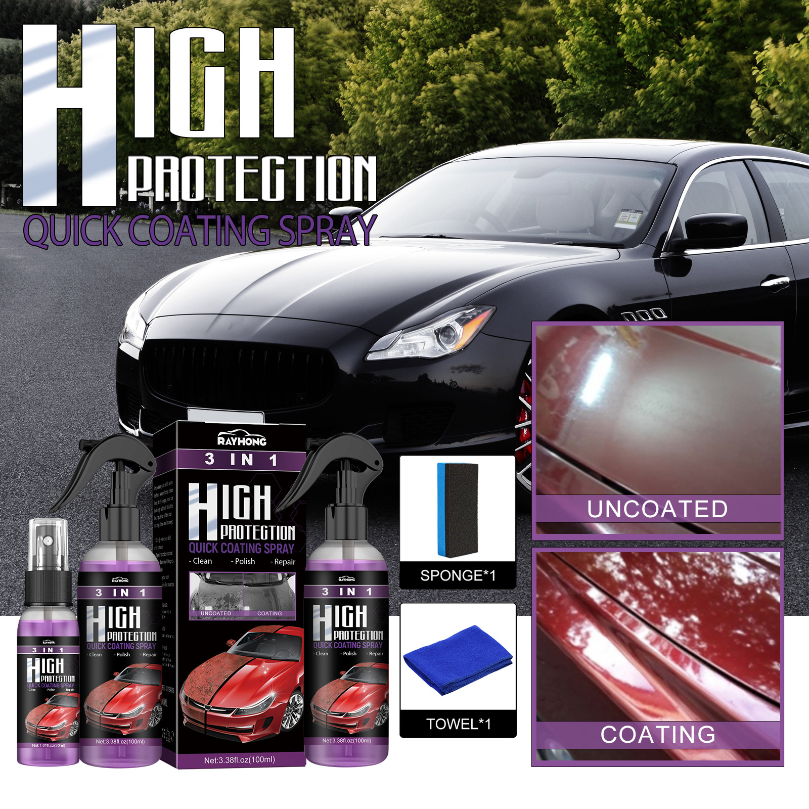 Rayhong 3-in-1 High Protection Fast Car Paint Spray Automatic Hand Paint Color Change Cleaning Film Spray
