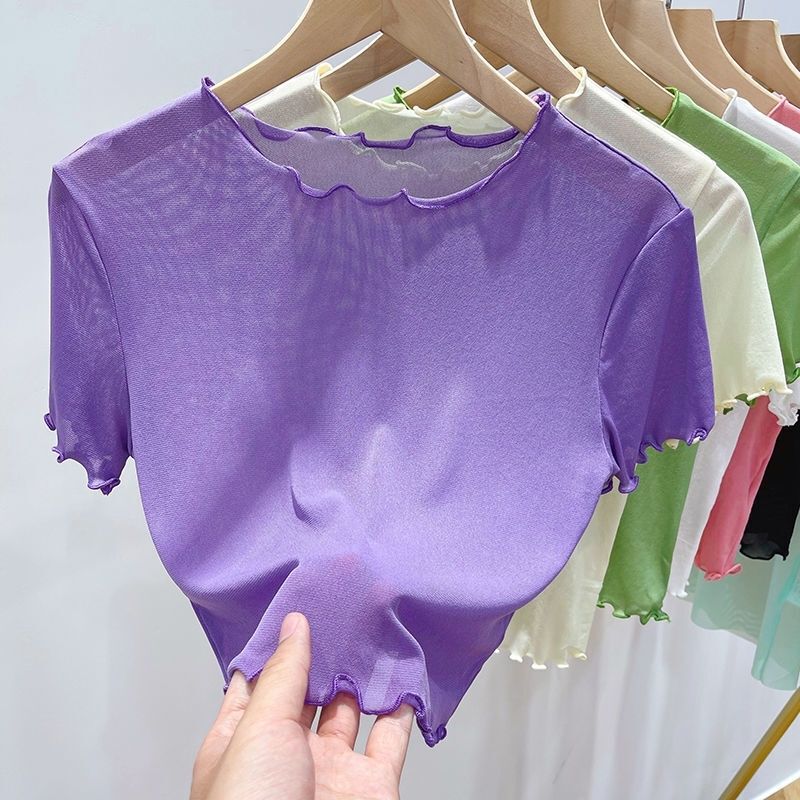 See-through lace bottoming shirt women's summer suspender skirt inner short-sleeved T-shirt tulle clothing fungus short mesh top