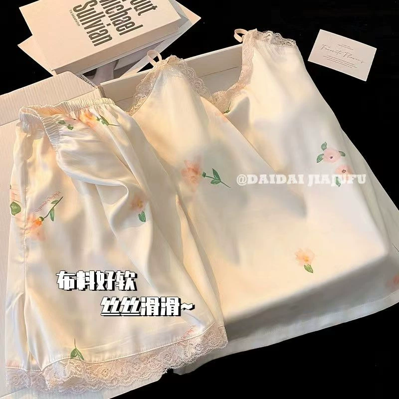 Сексуальный набор пижамы летом новый симулировочный шелк милая девушка мода из двух частей набор домашней одежды