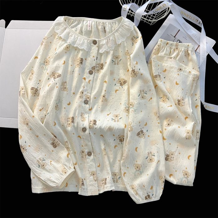 Al por mayor transfronterizo nubes de algodón adorable oso conjunto de pijamas de mujeres de otoño pantalones de manga larga cuello redondo ropa casual de encaje